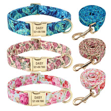 Personalized Dog Collar And Leash Set Nylon Dog Collars Floral Printed Pet Walking Leash Customized ID Tag For Medium Large Dogs