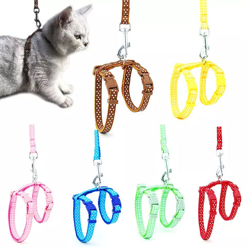 Dot And Plaid Cat Pet Collar Harness Leash Adjustable Nylon Kitten Puppy Halter Collar Dog Pet Harness Belt