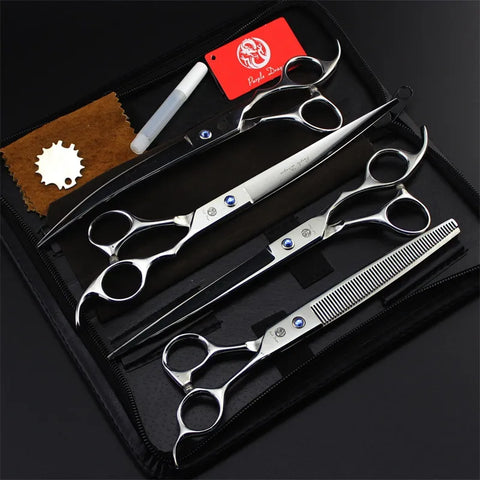 Purple Dragon 8.0 inch Professional Pet Dog Grooming Scissors Hair Cutting Straight Curved Thinning Scissors 4 PCS Set