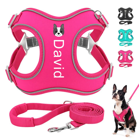 Personalized Dog Harness Leash Set Reflective Dogs Vest Harness Pet Walking Lead Rope Free Print Pets Name Dog Cat Pattern 2XS-L