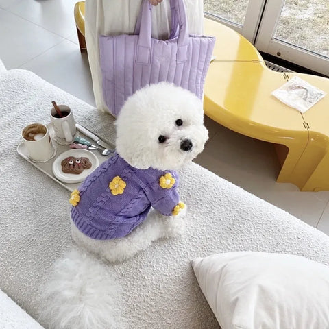 2023 Purple Flower Dog Clothes Autumn Teddy Sweater Pet Warm Knit Schnauzer Pullover Fashion Two Legged Clothing