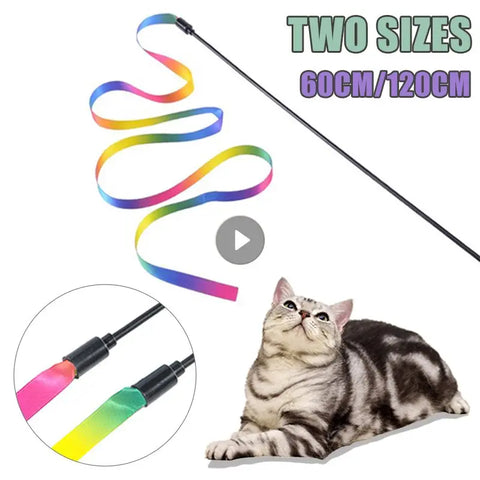 Colorful Funny Cat Stick Fun Pet Cat Dog Double Sided Rainbow Ribbon Teaser Rod Interactive Wand Toy Kitten Training Supplies