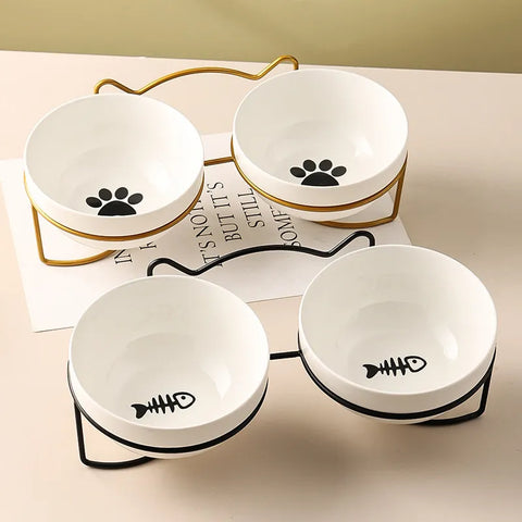 Poursweet Pet Cat Bowl Ceramic 500ML Water Feeder Food Feeding Dish Dispenser With Raised Stand Kitten Puppy Metal Elevated Bowl