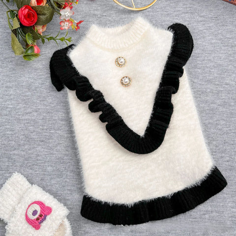 Autumn Winter Pet Sweater Princess Style Small Flying Sleeve Skirt Hem Pearl White Fur Cute Pet Sweater Knitted Kitten Puppy